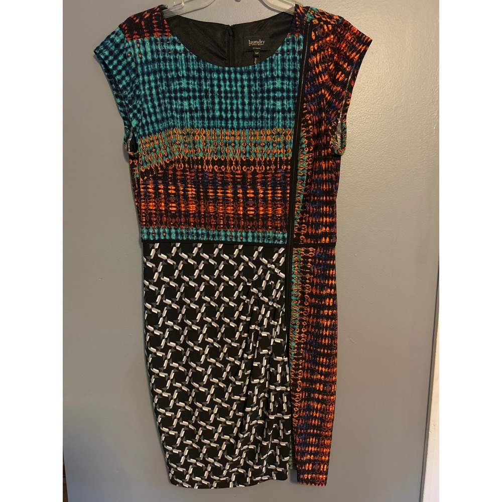 Laundry by Shelli Segal Patchwork Sheath Dress Front Zipper Detail Multicolor